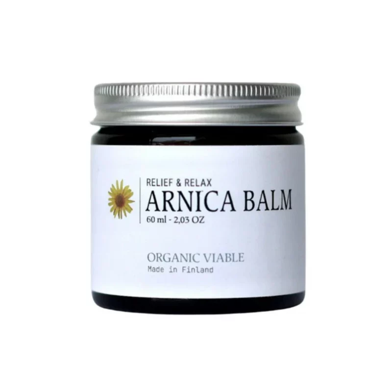 Ekologisk arnica balm i glasburk för muskler och leder